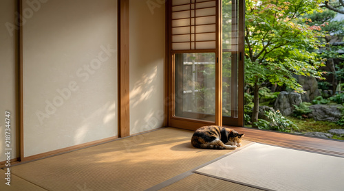 Naklejka 和風の庭園を望む縁側で丸くなって眠る三毛猫と畳の空間