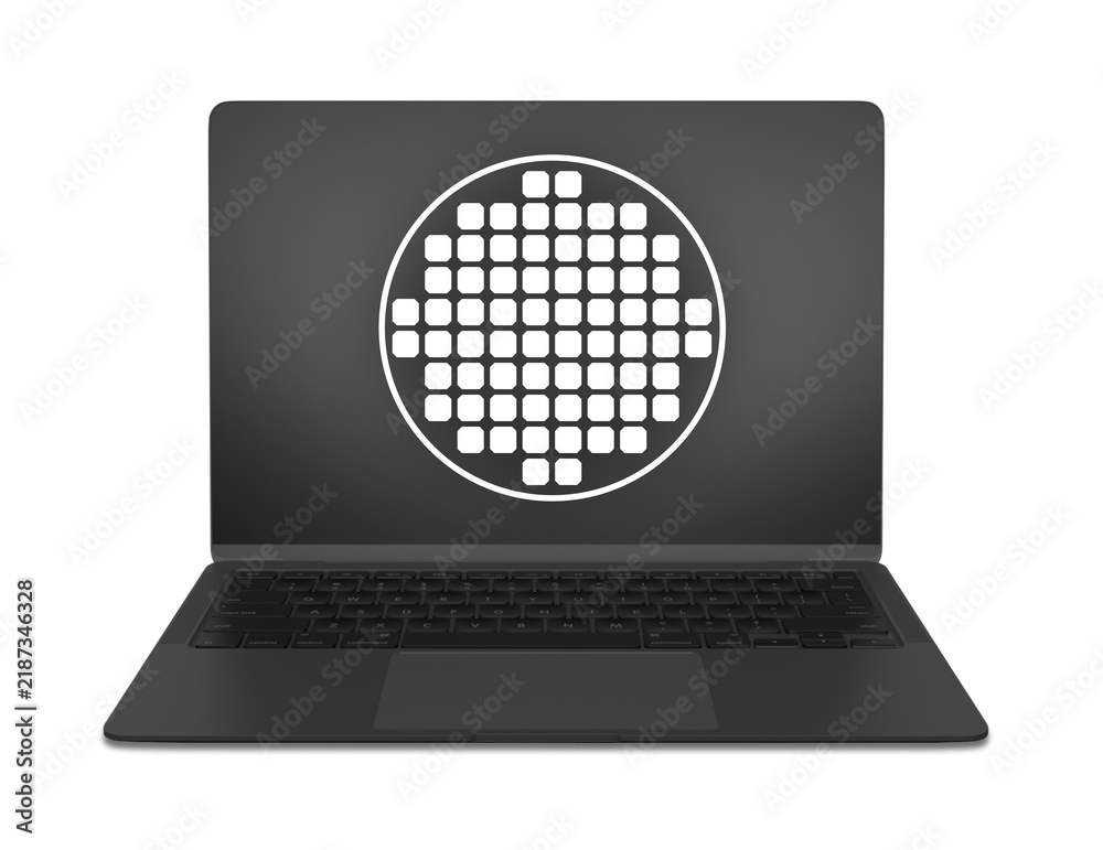 Fototapeta premium Ordenador portátil negro abierto sobre fondo blanco con pantalla gris y un gráfico redondo vectorial que incluye png transparente para proyectos digitales y tecnológicos modernos.