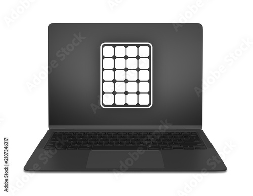 Картината върху платно Una moderna laptop negra muestra un icono gráfico de una celda solar en la pantalla, utilizable en formatos png transparente para proyectos de tecnología verde