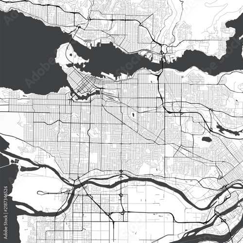 Minimal vector city map of Vancouver with streets, parks and waterfront
