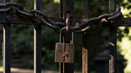 Old rusty chain and padlock securing an antique iron gate outdoors