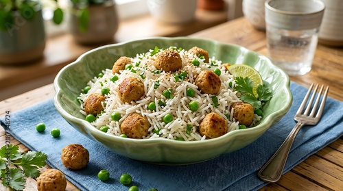 Vegetarian falafel rice bowl with green peas. Healthy mediterranean basmati rice dish. Nutritious plant-based meal in a green ceramic bowl.