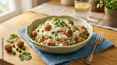 Gourmet basmati rice bowl with meatballs and green peas. Healthy mediterranean rice dish with herbs. Nutritious lunch meal on wooden table.