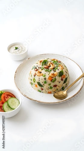 Traditional Rava Upma with cashews and vegetables. South Indian semolina breakfast dish. Healthy savory porridge on white background.