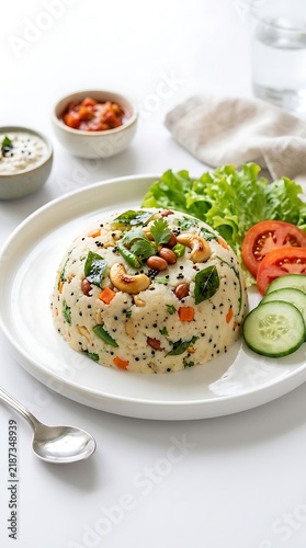 Traditional Indian Upma breakfast, savory semolina porridge with cashews and vegetables, healthy South Indian meal on white plate