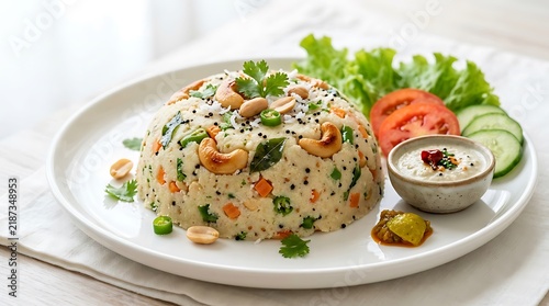 Traditional Indian Upma breakfast, savory semolina porridge with roasted cashews and vegetables, healthy South Indian meal