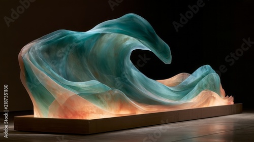 Illuminated Teal and Peach Wave Sculpture with Translucent Layers on a Plinth. AI generative