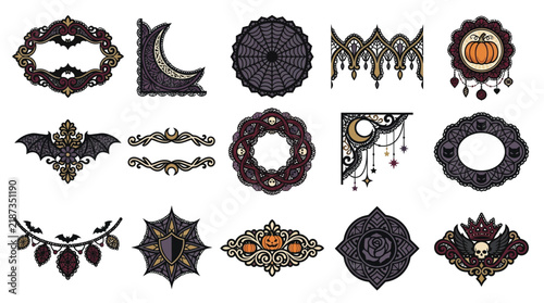 Gothic Halloween decorative elements, 15 vintage spooky vector frames and borders, dark victorian occult ornaments with bats and pumpkins isolated on White Background Halloween