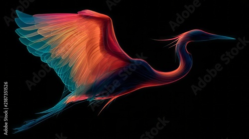 Abstract Heron in Flight with Luminous Orange and Turquoise Wings on Black. AI generative