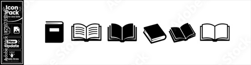 Set of black outline and solid book icons in various open and closed positions for literature and study. Minimal update icon set.