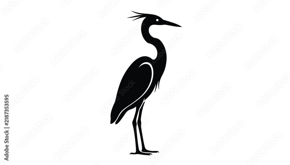 Obraz premium Sleek and minimalist black silhouette of a graceful heron bird standing upright on a clean solid white background.