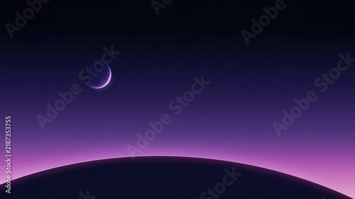 Deep purple and black night sky with a glowing crescent moon over a dark horizon