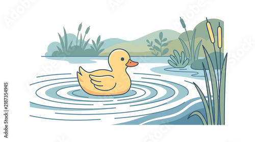 Yellow duck swimming peacefully in a calm pond surrounded by green reeds and gentle ripples