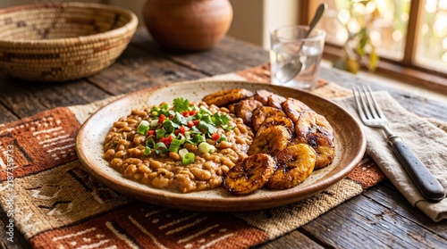 A delicious plate of savory cooked beans and sweet fried plantains on a rustic wooden table