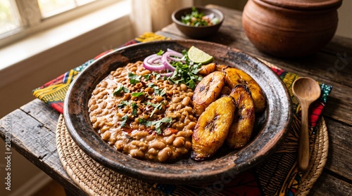 Traditional African Beans and Fried Plantain Dish Served on a Rustic Wooden Table
