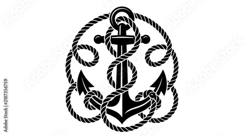 Black nautical anchor wrapped with coiled marine rope in vintage graphic design style