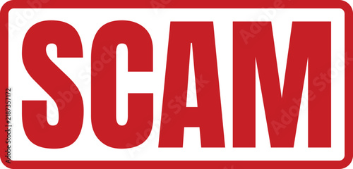 Bold red rubber stamp design with the warning word scam for security and fraud prevention