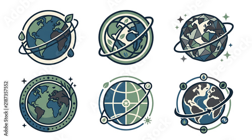 Set of earth globe icons with orbital rings and ecological symbols in vector style