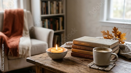 Cozy autumn scene with warm candle, coffee, and books by a window