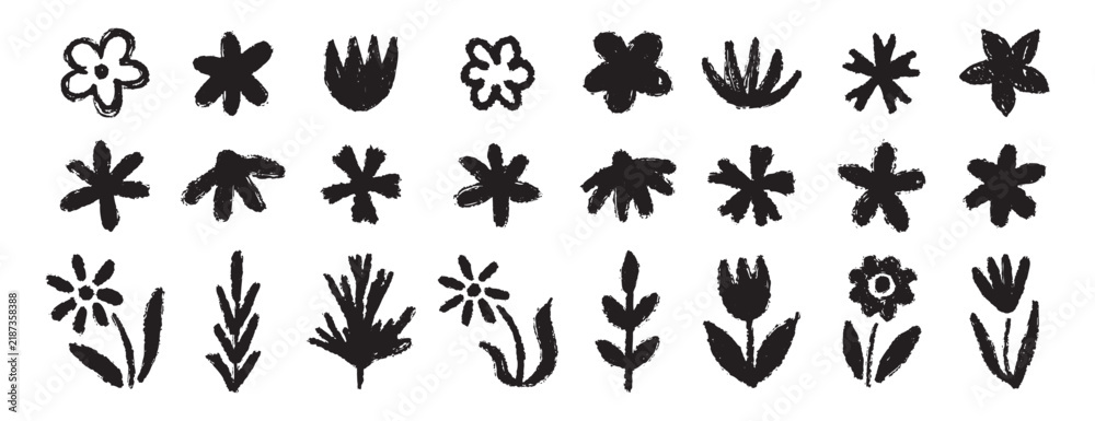 Obraz premium Grunge trendy doodle flowers leaves set. Hand drawn brush flowers crayon, chalk texture. Flowers textured collection