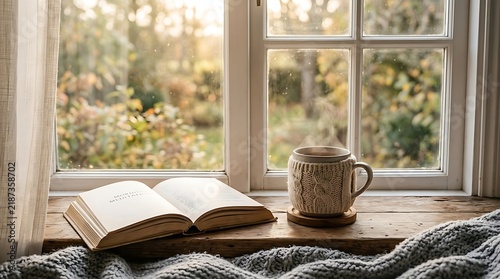 Cozy autumn window with open book and steaming mug, soft light, peaceful mood