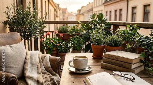 Cozy balcony oasis with coffee, books, and plants overlooking European street