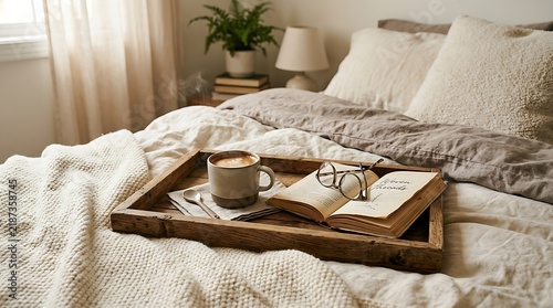 Cozy bed with coffee and book on tray, warm morning light