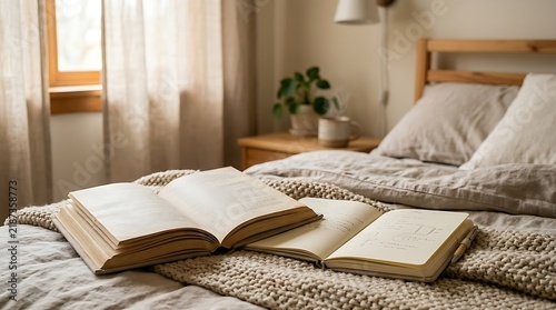 Cozy bed with open books, soft lighting, relaxed morning atmosphere