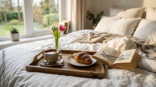 Cozy bedroom morning tray with coffee, croissant, and book by window