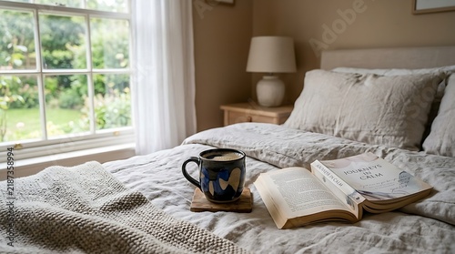 Cozy bedroom morning with coffee and book by sunny window