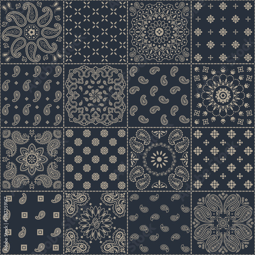 Paisley geometric motifs and mini bandana patchwork abstract vector seamless pattern for scarf kerchief shirt fabric wallpaper tablecloth pillow shawl bandana carpet