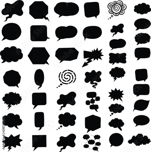 Set of Black and White Cloud Icons and Speech Bubbles