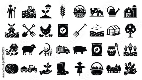 Diverse Agriculture and Farming Silhouette Icon Set Vector