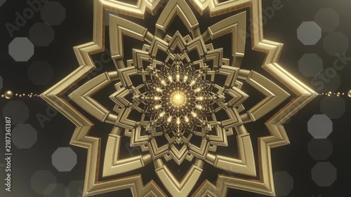 Golden ornamental snowflake mandala with glowing lights rotating over dark bokeh background