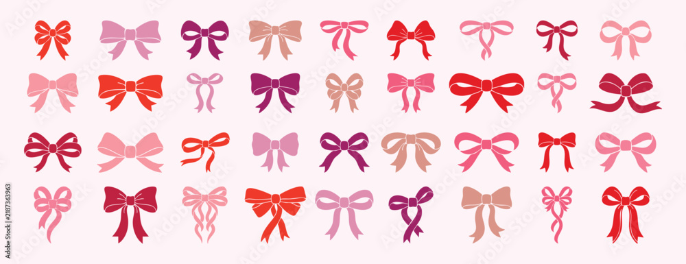 Obraz premium Delicate blush and rose red bows, elegant wedding collection with lace accents, satin sheen, soft romantic palette, wedding stationery and bridal packaging inspiration for stylists and designers