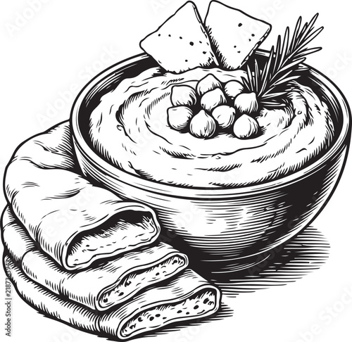 Creamy hummus in a bowl topped with chickpeas and rosemary, served with pita bread and crackers, perfect for healthy appetizers.