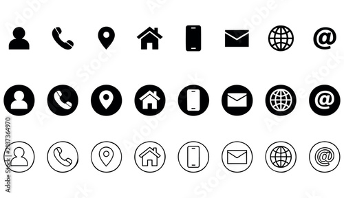 Business card contact information icons. Business card icon set of differents styles. Thin Line symbols set