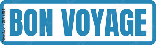 Blue rectangular stamp design featuring the phrase BON VOYAGE for travel and leisure vacation related documents