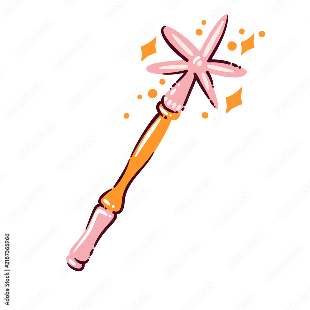 Fototapeta premium Magic wand with pink star tip, orange handle and sparkling accents in hand drawn style. Fairy, party and kids decor featuring a magic wand, cartoon vector illustration.
