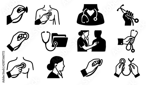 Nurse Stethoscope Medical Examination Black Glyph Vector Icons
