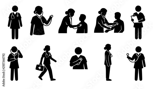 Nurse with Stethoscope Black Silhouette Vector Icon Collection