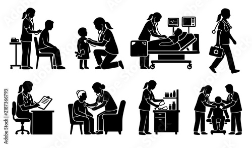 Nurse Stethoscope Patient Examination Black Silhouette Vector Set