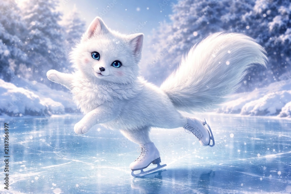 Fototapeta premium Adorable fox ice skating gracefully.