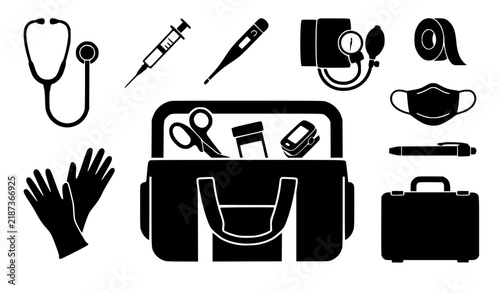 Portable Nurse Medical Gear and Clinical Equipment Black Vector Silhouette Set