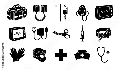 Nurse Medical Equipment Black Silhouette Vector Icon Set