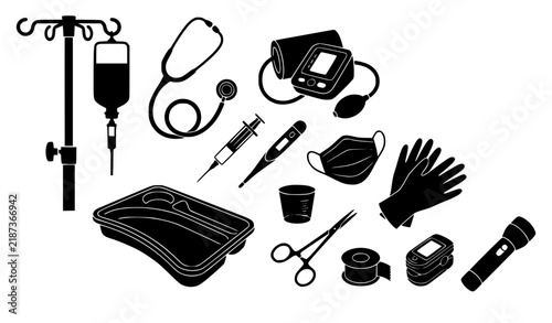Nursing Clinical Equipment and Medical Tools Silhouette Vector Collection