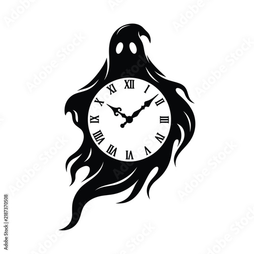 Spooky Ghost Silhouette with Vintage Roman Numeral Clock Vector