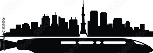 Modern high-speed bullet train silhouette traveling below a generic urban city skyline with skyscraper buildings and a tall television tower