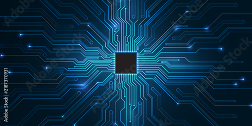 Konstfotografi Glowing blue microprocessor chip with radiating circuit board lines
