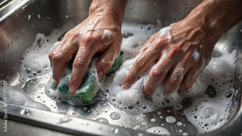 Person washing hands with green sponge under running water.